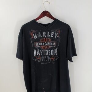 VTG Thrashed Harley Davidson Short Sleeve‎ V-Neck Graphic T-Shirt Black Size XL